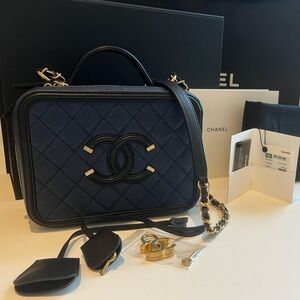 CHANEL Medium Filigree Blue and Aged Gold-tone Hardware